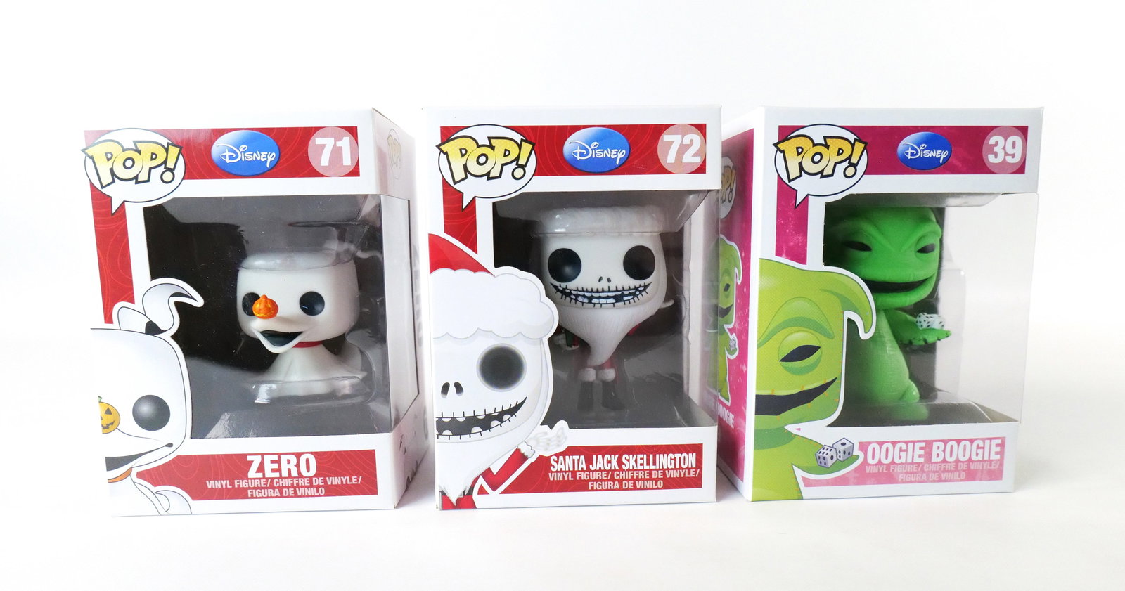Lot of 3 Funko Nightmare Before Christmas Pops: Lot of 3 Funko Disney Nightmare Before Christmas Pops. Including Oogie Boogie #39, Zero #71, and Santa Jack Skellington #72. All new in boxes. All invoices must be paid within 24 hours of the sale. We