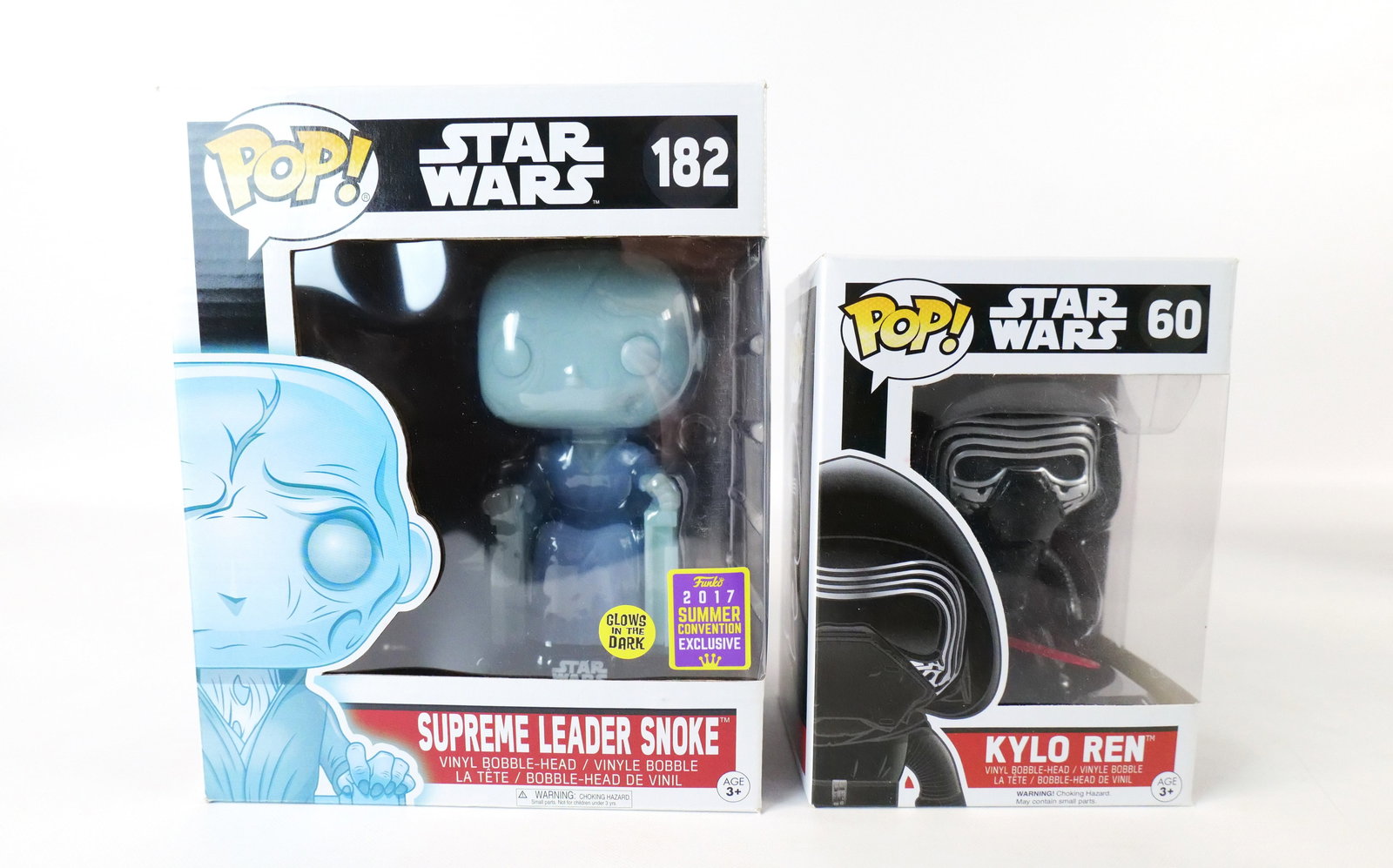 Lot of 2 Funko Star Wars Pops: Lot of 2 Funko Star Wars Pops. Including Kylo Ren #60 and Supreme Leader Snoke #182 - 2017 Summer Convention Exclusive - Glow in the Dark. Both new in boxes. All invoices must be paid within 24 hours