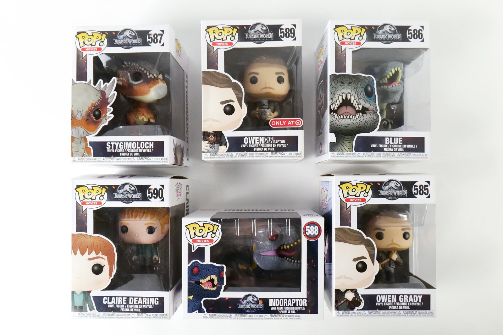 Lot of 6 Funko Jurassic World Fallen Kingdom Pops: Lot of 6 Funko Jurassic World Fallen Kingdom Pops. Including Owen Grady #585 - Discoloration on box, Blue #586, Stygimoloch #587, Indoraptor #588, Owen with Baby Raptor #589 - Target Exclusive, and Cl