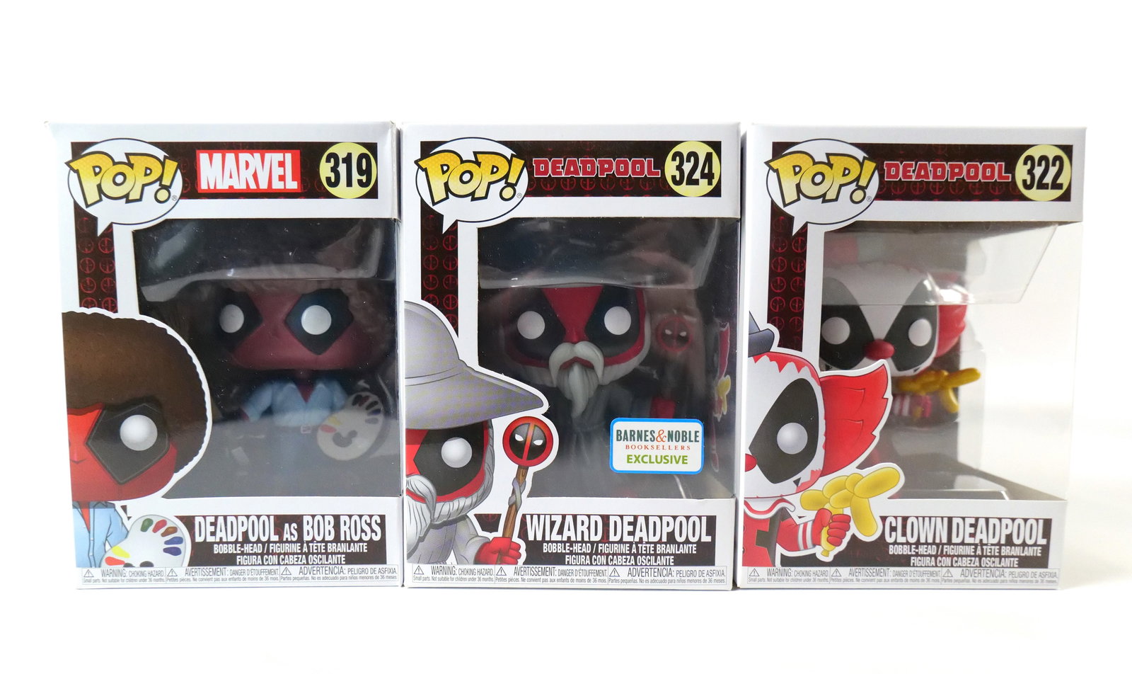 Lot of 3 Funko Marvel Deadpool Pops: Lot of 3 Funko Marvel Deadpool Pops. Including Deadpool as Bob Ross #319 - Denting on box, Clown Deadpool #322, and Wizard Deadpool #324 - Barnes & Noble Exclusive. All new in boxes. All invoices must