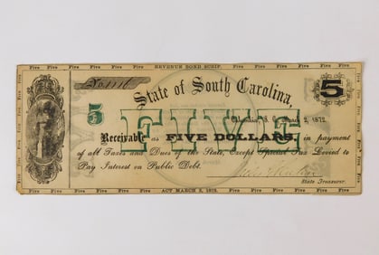 1872 State of South Carolina Blue Ridge RR $5 Note