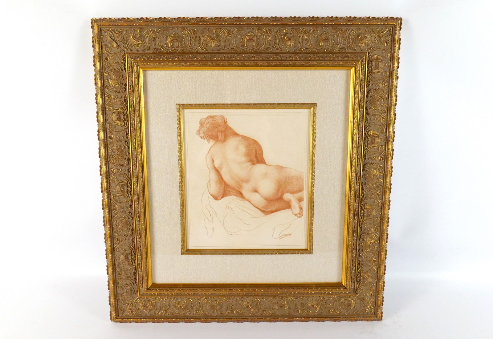 Etching by Annibale Carracci: Etching by Annibale Carracci (1560-1609). Entitled "Nude from Behind". Printed c. 1750. Comes with COA from Global Fine Art. Minor chip on corner of frame. Measures 24.5" tall x 23" wide. All invoices