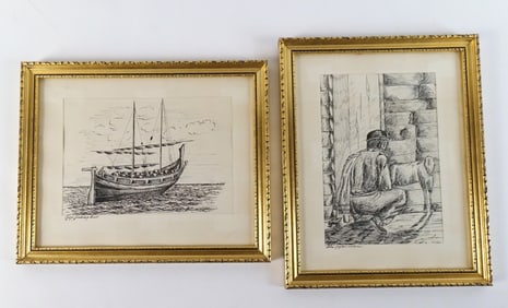 Lot of 2 Pen and Ink Drawings by A. Galeg