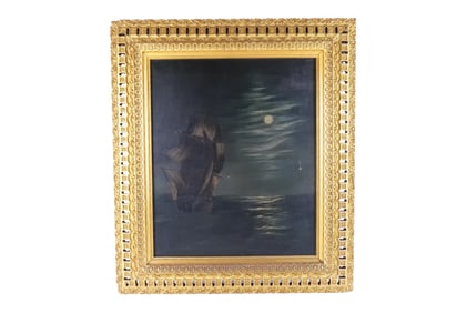 19th Century Oil on Canvas - Ship at Night