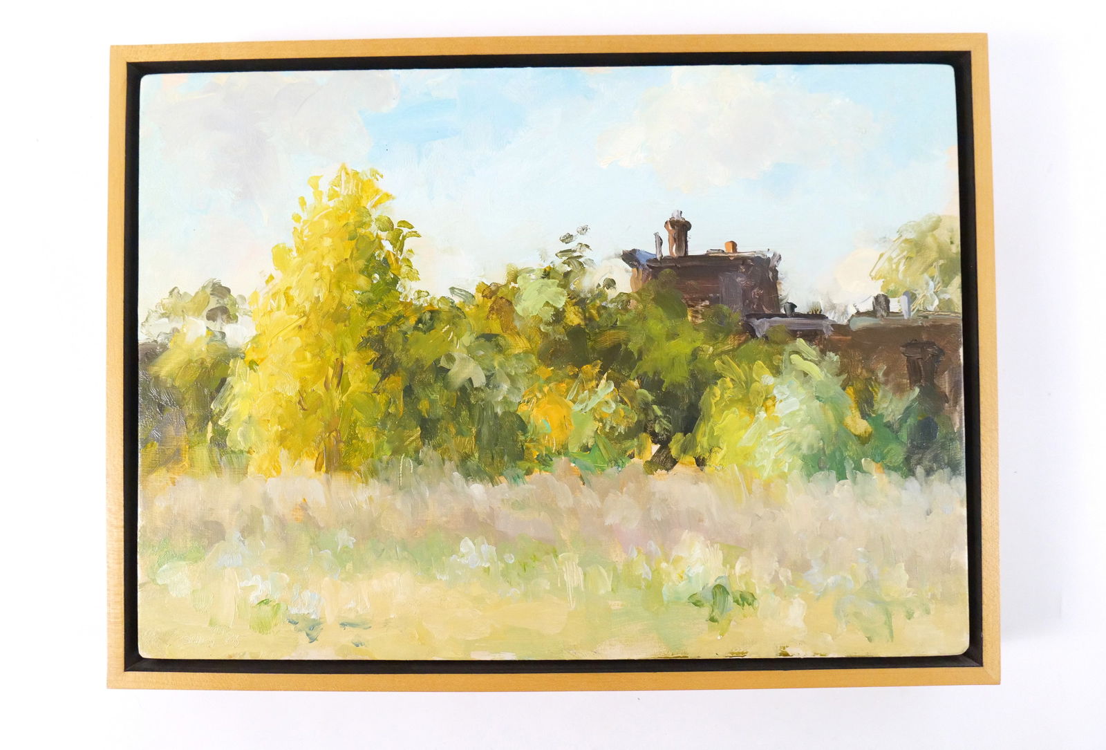 Oil on Wood Panel by Stuart Shils: Oil on Wood Panel by Stuart Shils (1954-). Depicting an impressionist painting of a field. Marked in pencil on back - Urban Field on Autumn Day #9 with a circle. Signed lower left - Etched in oil Shil