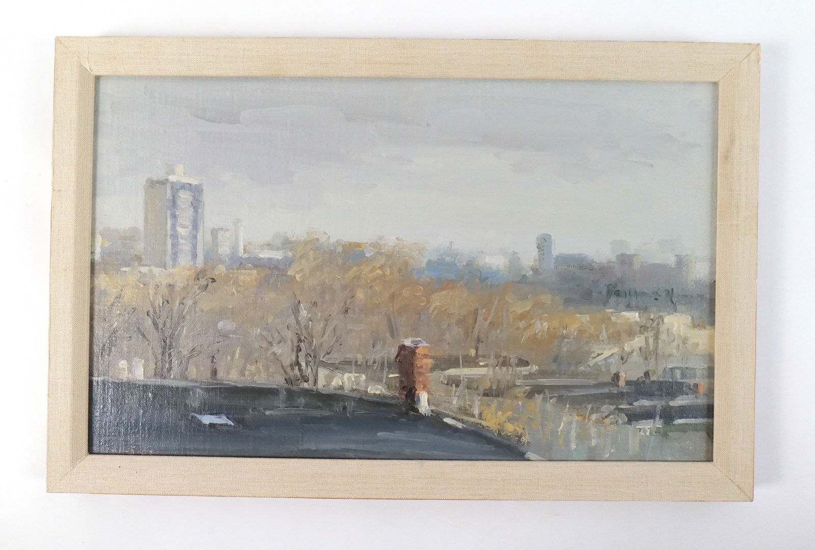 Oil on Canvas by Stuart Shils: Oil on Canvas by Stuart Shils (1954-). Glued to Board. Depicting an impressionist painting of a City Limits Scene. Marked in pencil on back - Rittenhouse. Signed lower left - Etched in oil Shils 84. M