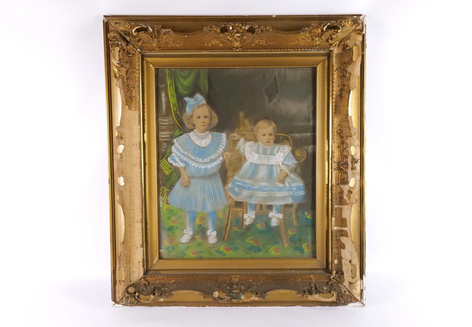 Early Pastel on Canvas: Early Pastel on Canvas - Most likely over Photograph. Depicting 2 Children. Unsigned. Has some tearing at the edges and damage. Also has some foxing under the frame on the image. Frame is totally AS-I