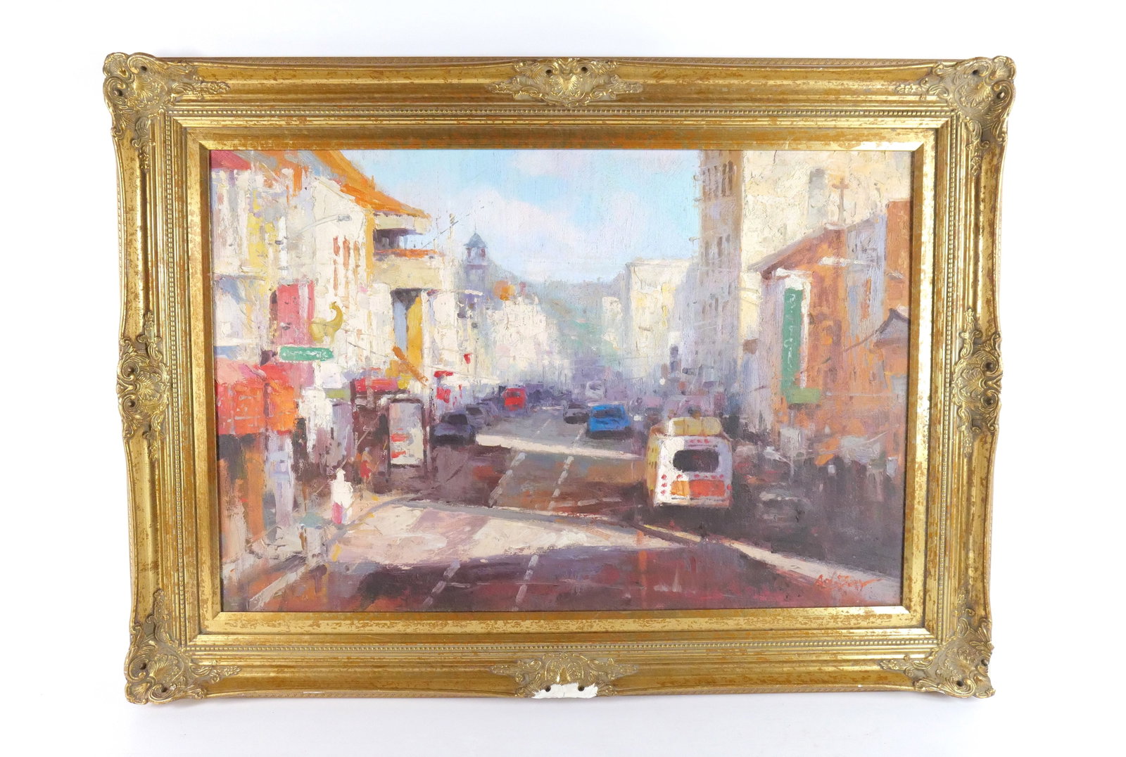 Oil on Canvas - Impressionist Painting of Street Scene: Oil on Canvas - Impressionist Painting of Street Scene. Artist signed lower right - undetermined. Late 20th century. Frame AS-IS. Measures 32" tall x 44" wide. All invoices must be paid within 24 hour