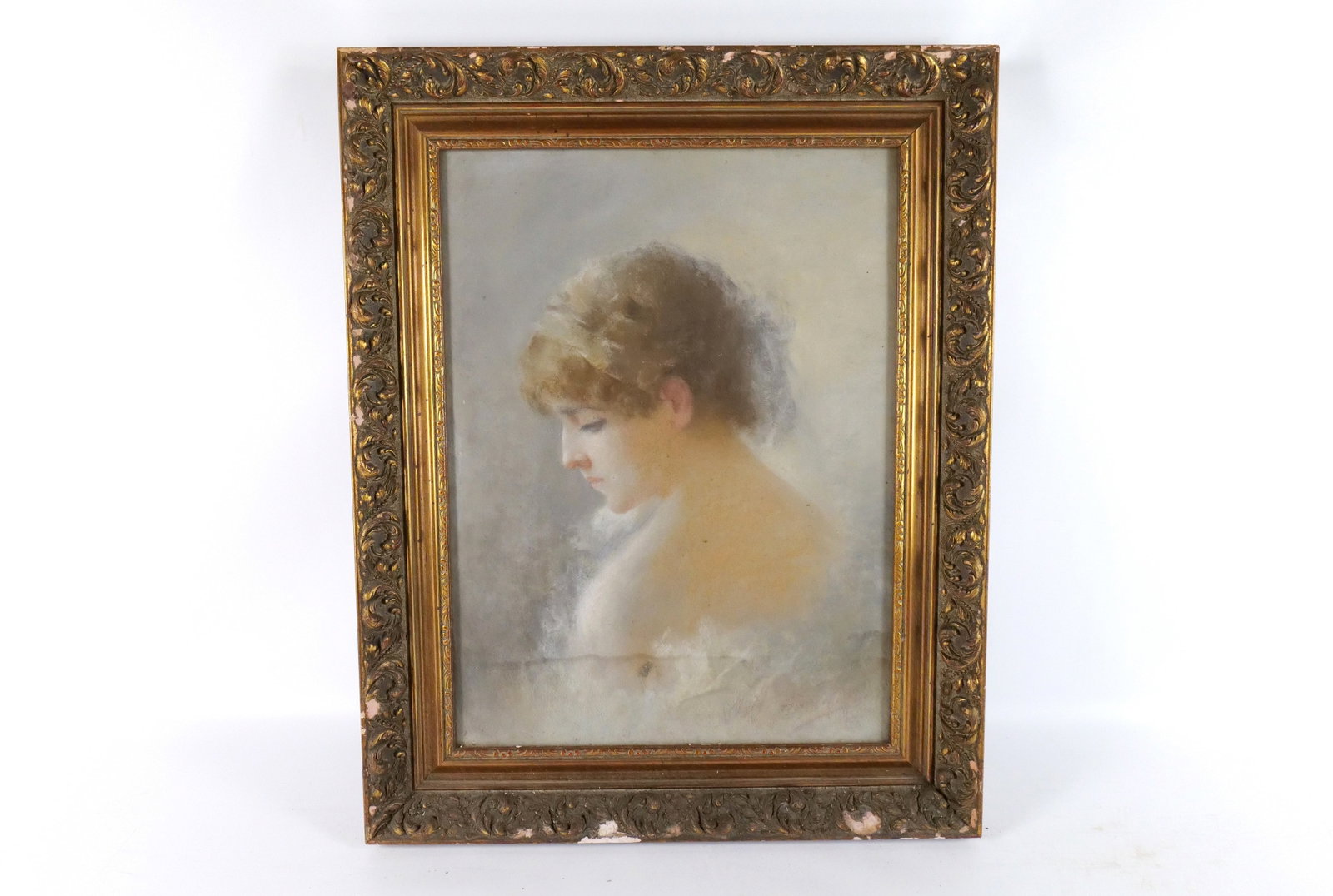 Framed Pastel - Portrait of a Woman: Framed Pastel - Portrait of a Woman. Artist signed - Undetermined. Frame is AS-IS. Staining and discoloration - Can't tell if it is on image or reverse of frame. Sold AS-IS. Measures 29" tall x 23" wi