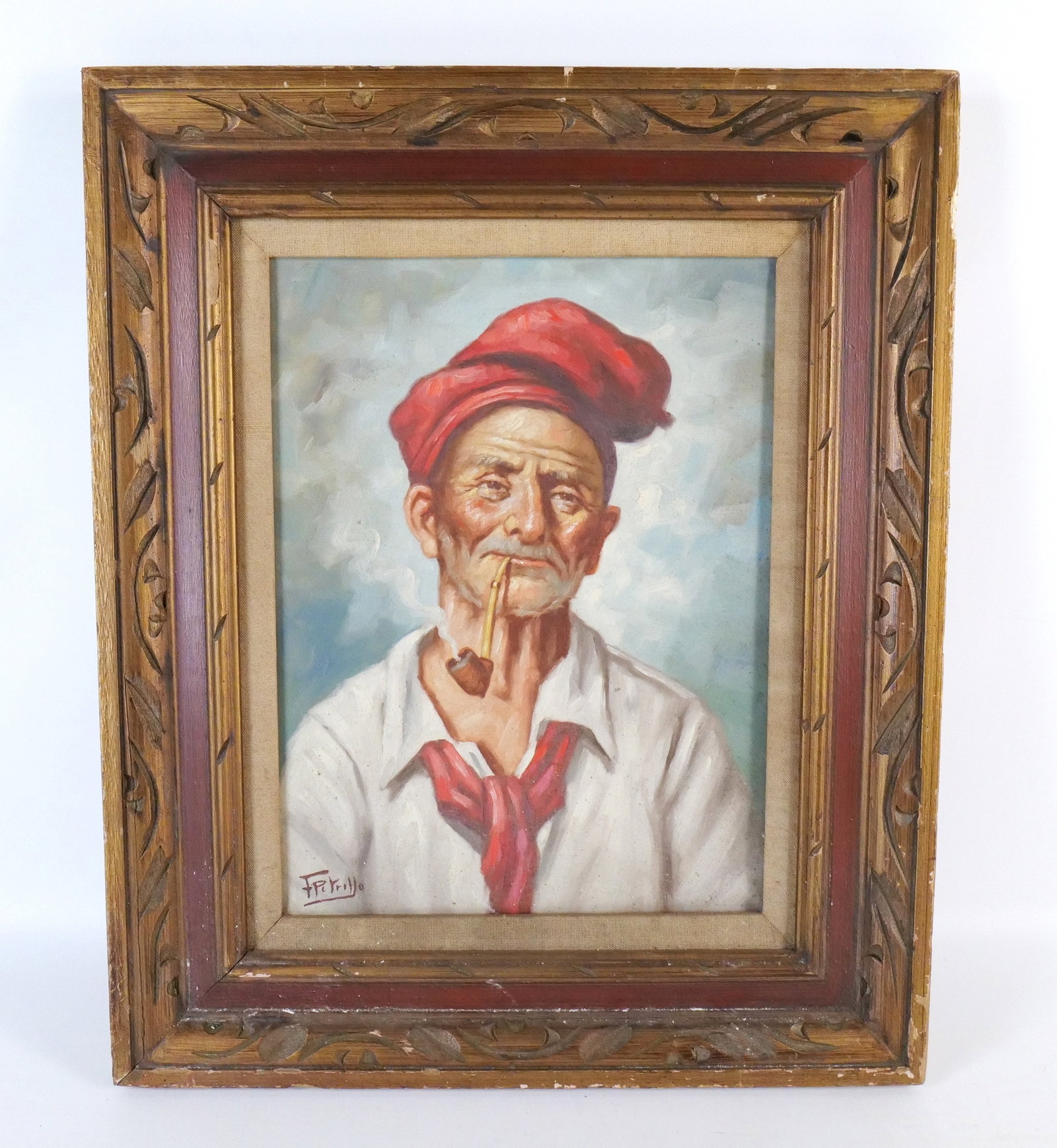 Oil on Canvas - European Man Smoking: Oil on Canvas. Depicting a European Man Smoking. Artist signed lower left - F Petrill. Frame is AS-IS. Mid 20th Century. Measures 23" tall x 19" wide. All invoices must be paid within 24 hours of the 