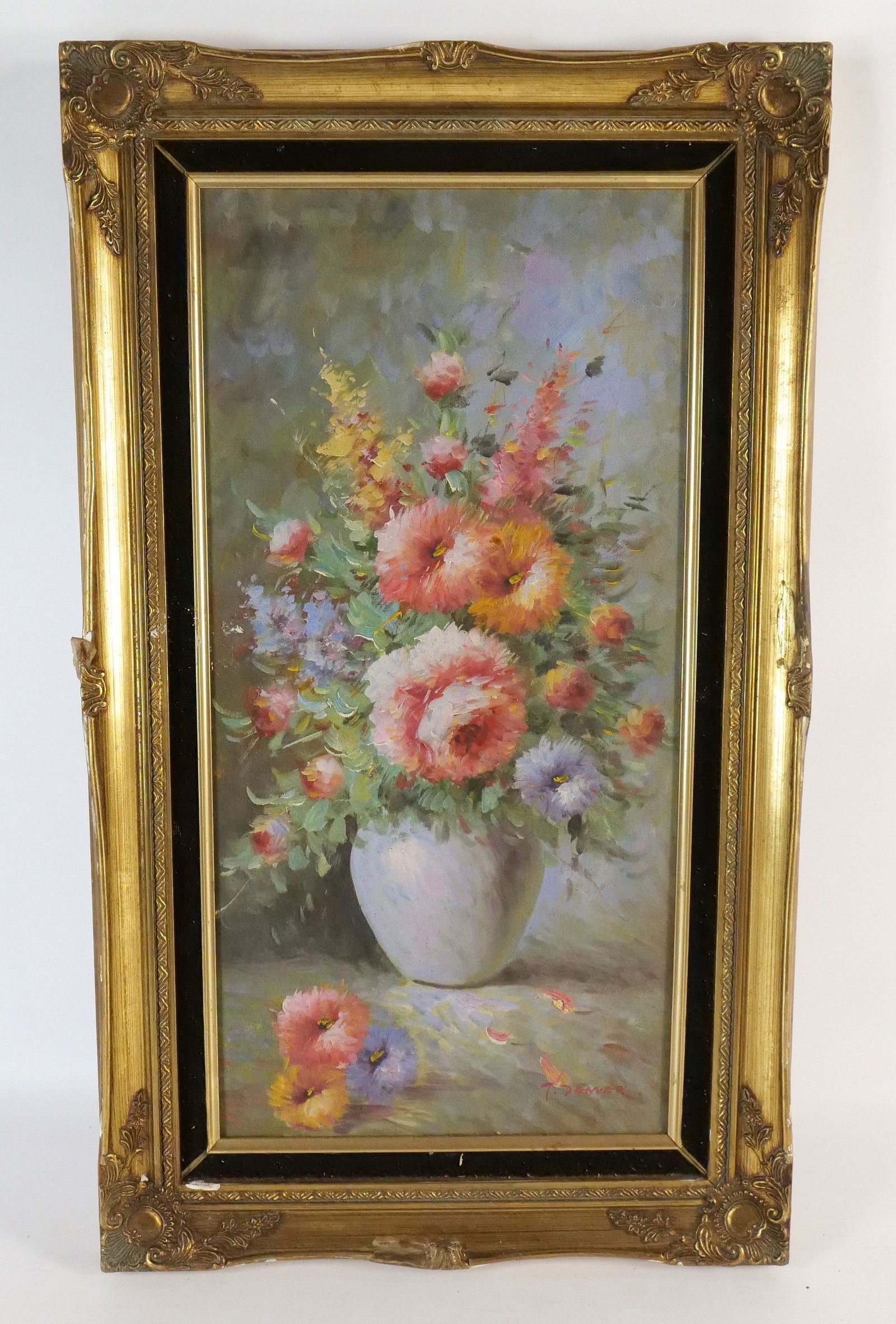 Oil on Canvas - Still Life of Flowers: Oil on Canvas. Depicting a Still Life of Flowers. Artist Signed lower right - T. Denver. Frame AS-IS. Measures 30" tall x 17.5" wide. All invoices must be paid within 24 hours of the sale. We offer mu