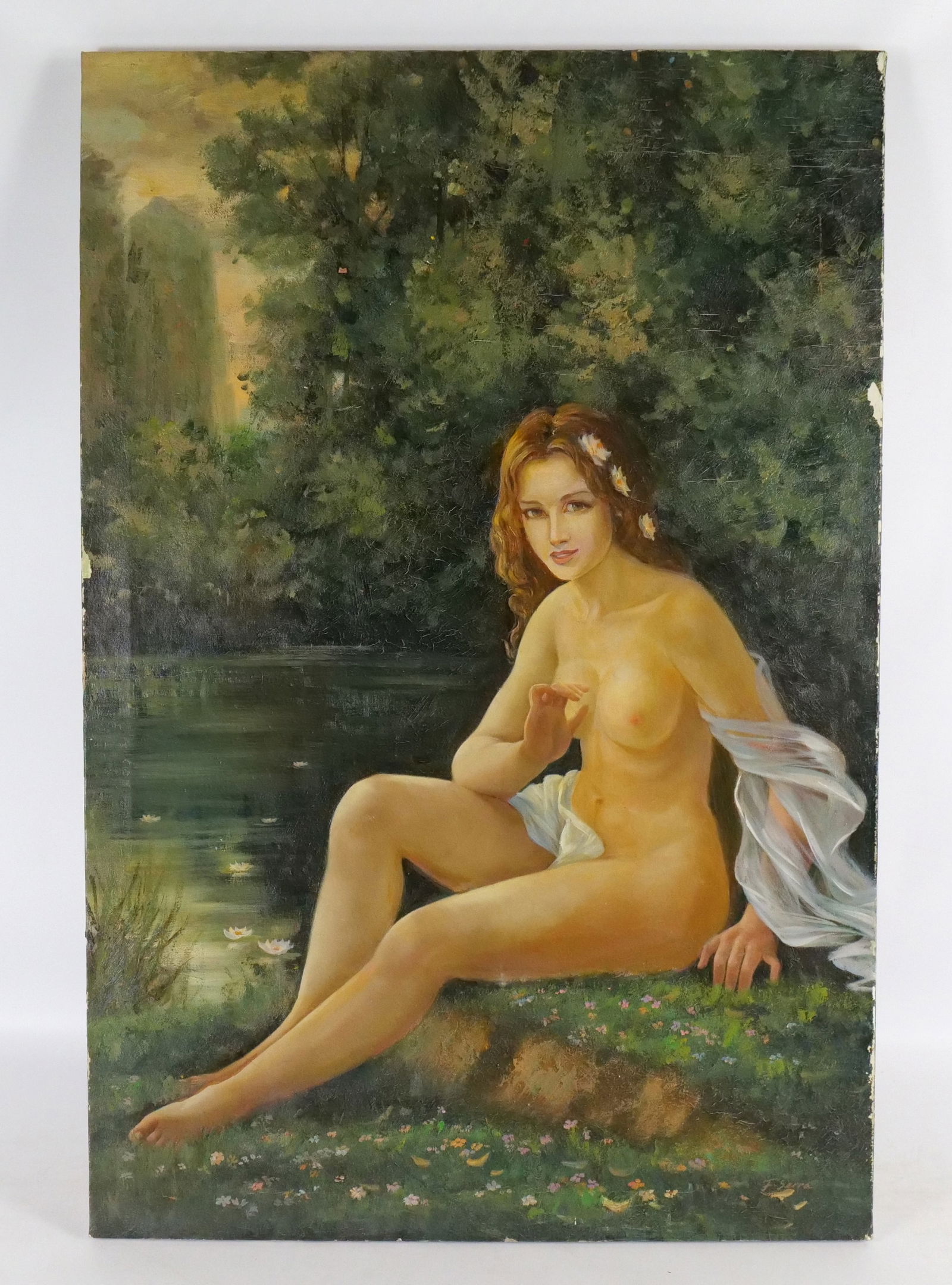 Serigraph on Canvas - Hand painted Highlights: Serigraph on Canvas - Hand painted Highlights. Depicting a nude woman by a lake. Signed lower right - F. Serra. Late 20th century. Unframed. Has paint loss around the border. Measures 36" tall x 24" w