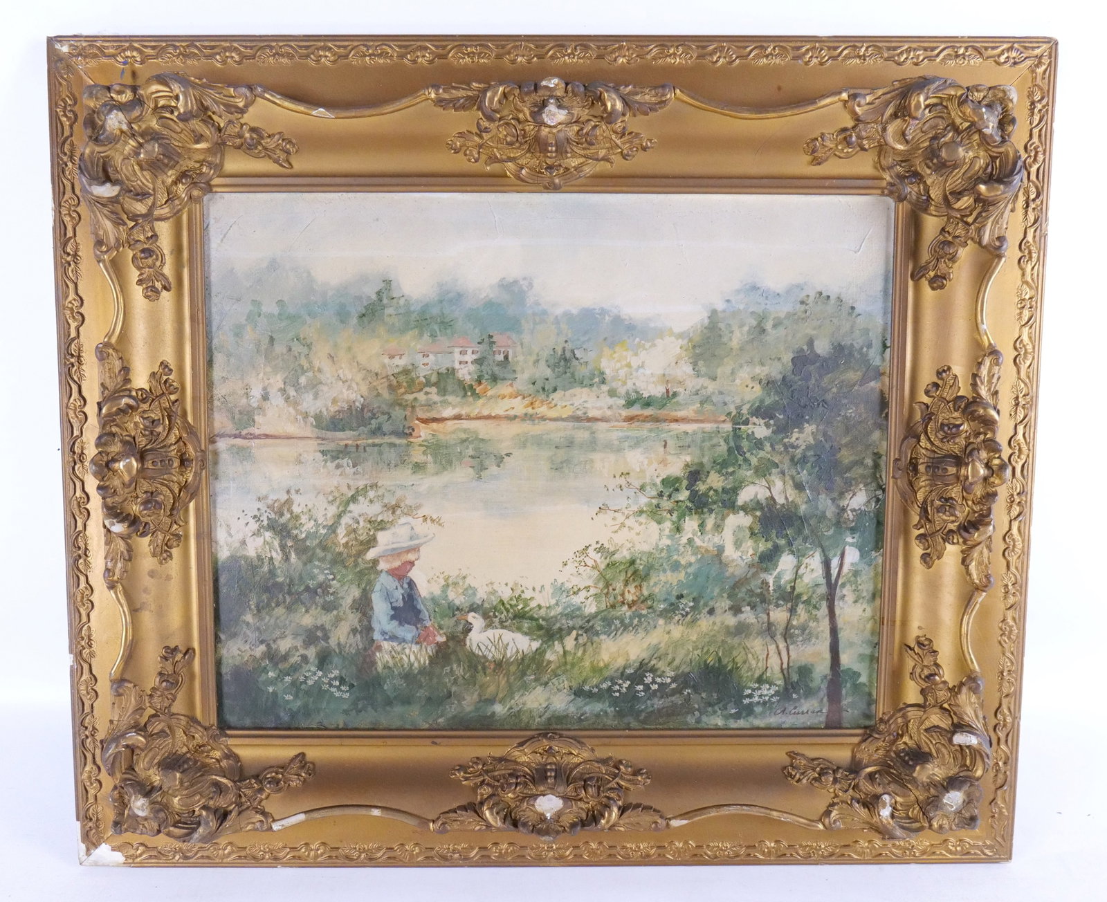 Serigraph on Canvas - Hand painted Highlights: Serigraph on Canvas - Hand painted Highlights. Depicting young boy with a goose next to lake. Signed lower right - Appears to be A. Curran. Late 20th century. Frame AS-IS. Measures 23.5" tall x 27.5" 