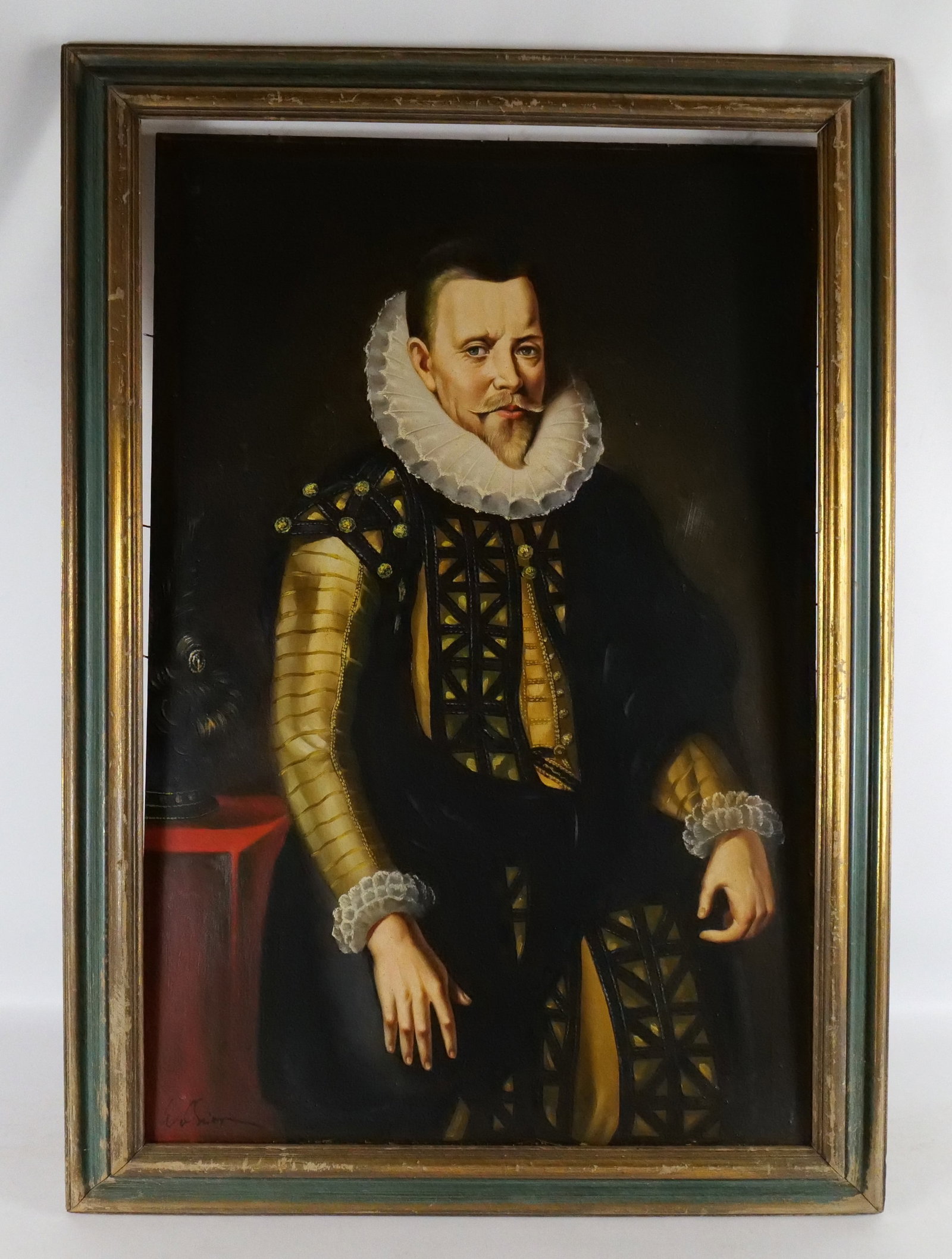 Serigraph on Canvas - Hand painted Highlights: Serigraph on Canvas - Hand painted Highlights. Depicting Gentleman of the Court. Signed lower left - Undetermined. Late 20th century. Frame AS-IS. Measures 42" tall x 29.5" wide. All invoices must be 