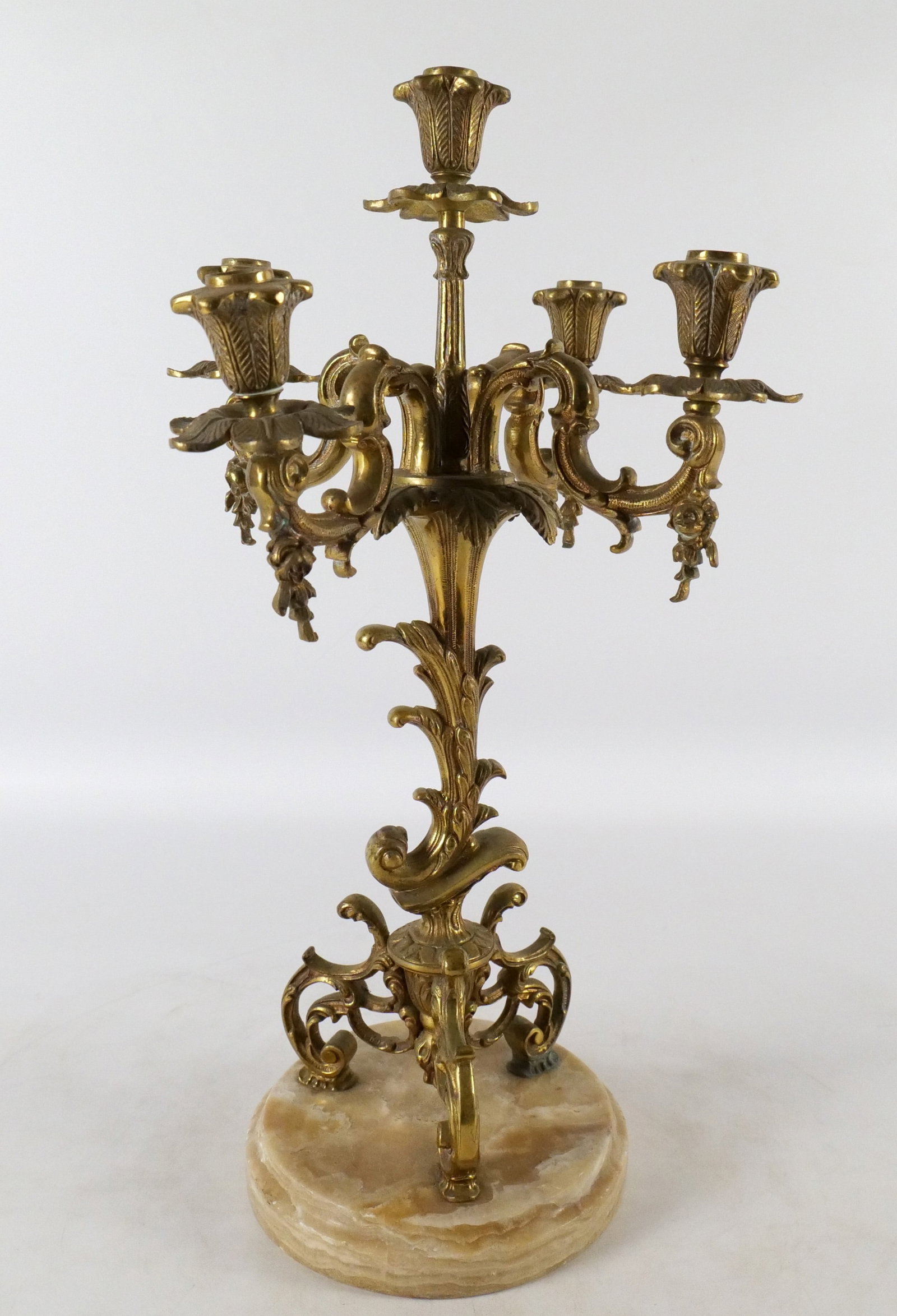 Bronze Art Nouveau Candelabra on Marble Base: Bronze Art Nouveau Candelabra on Marble Base. Circa early 20th Century. Measures 20" tall x 8.5" wide. All invoices must be paid within 24 hours of the sale. We offer multiple shipping options, please