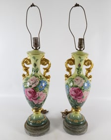 Pair of Hand Painted Porcelain 1920's Urn Table Lamps