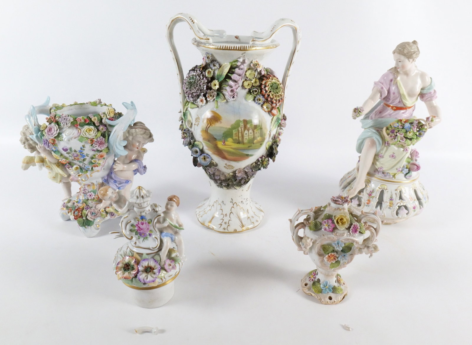 Group Lot of Antique Porcelain - AS-IS: Group Lot of Antique Porcelain - All AS-IS. Including Pictorial Double Handled Vase - Missing Lid, Chips on Inner Rim, & Some chipping on Flowers, Figural Top with Putti's - Chipping on Flowers, Small