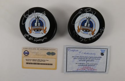 Lot of 2 New York Rangers Signed Stanley Cup Hockey Pucks