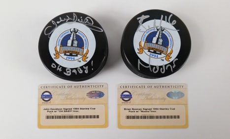 Lot of 2 New York Rangers Signed Stanley Cup Hockey Pucks