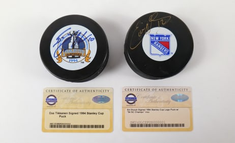 Lot of 2 New York Rangers Signed Stanley Cup Hockey Pucks