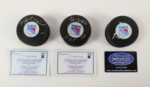 Lot of 3 New York Rangers Signed Hockey Pucks