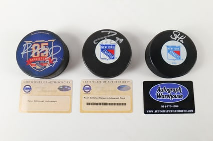 Lot of 3 New York Rangers Autographed Hockey Pucks