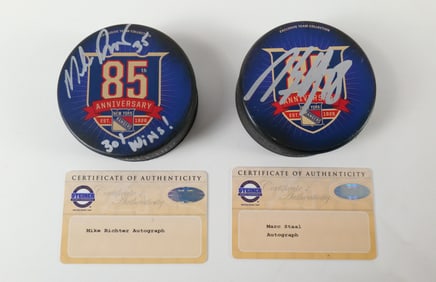 Lot of 2 New York Rangers Signed 85th Anniversary Hockey Pucks