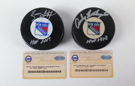 Lot of 2 New York Rangers HOF Inscribed Autographed Hockey Pucks