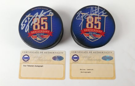 Lot of 2 New York Rangers 85th Anniversary Autographed Hockey Pucks