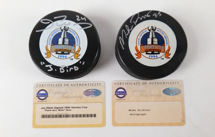 Lot of 2 New York Rangers Signed Stanley Cup Championship Hockey Pucks