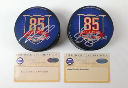 Lot of 2 New York Rangers 85th Anniversary Autographed Hockey Pucks