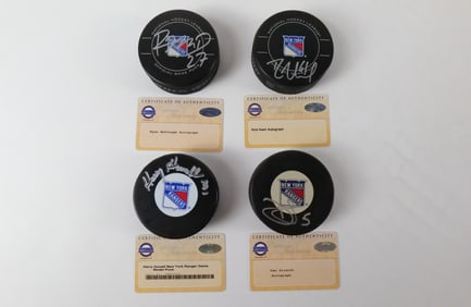 Lot of 4 New York Rangers Autographed Hockey Pucks
