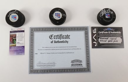 Lot of 3 New York Rangers Autographed Hockey Pucks