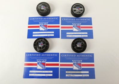 Lot of 4 New York Rangers Autographed Hockey Pucks
