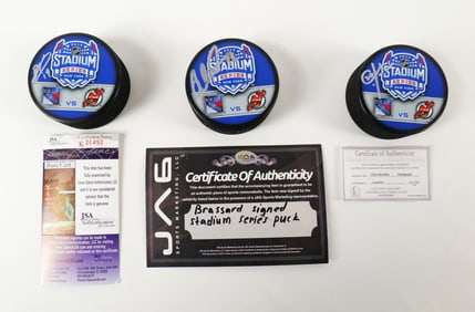 Lot of 3 Stadium Series New York Rangers Autographed Hockey Pucks