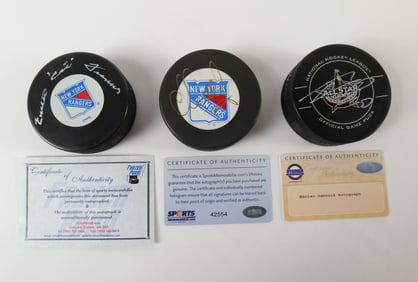Lot of 3 New York Rangers Autographed Hockey Pucks
