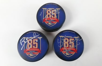 Lot of 3 New York Rangers 85th Anniversary Autographed Hockey Pucks