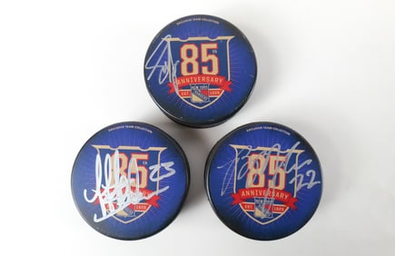 Lot of 3 New York Rangers 85th Anniversary Autographed Hockey Pucks