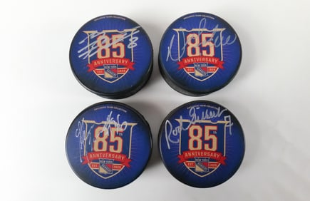Lot of 4 New York Rangers 85th Anniversary Autographed Hockey Pucks