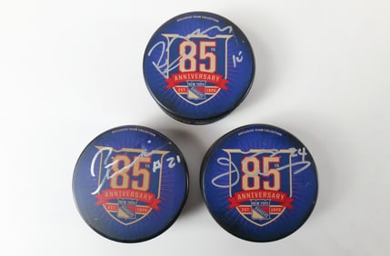 Lot of 3 New York Rangers 85th Anniversary Autographed Hockey Pucks