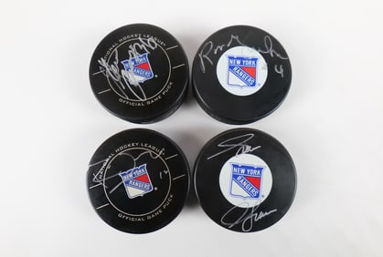 Lot of 4 New York Rangers Autographed Hockey Pucks