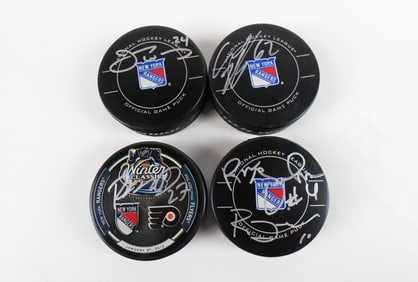 Lot of 4 New York Rangers Autographed Hockey Pucks