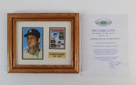 Thurman Munson Framed Collage with Autographed Postcard and RC