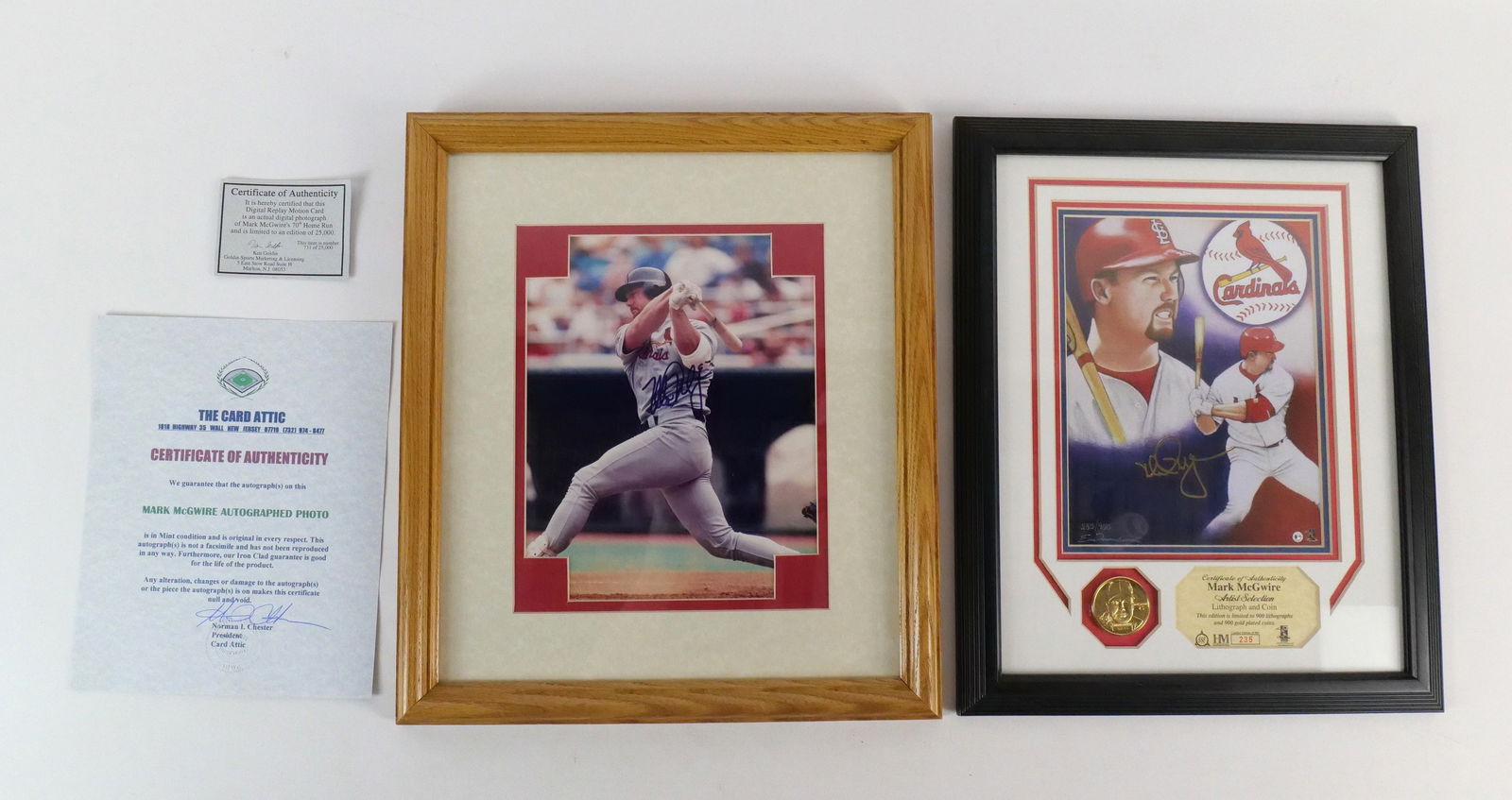 Lot of 2 Mark McGwire St. Louis Cardinals Collectibles: Lot of 2 Mark McGwire St. Louis Cardinals Collectibles. Including Framed and Matted Autographed 70th Homerun 8x10 Photo with COA's from Ken Goldin and The Card Attic and Framed Artist Selection Lithog