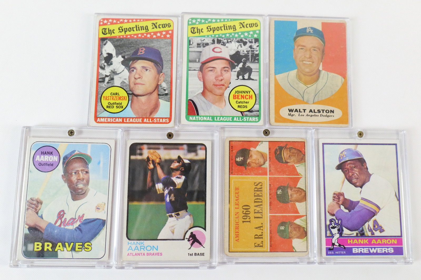Lot of Vintage Baseball Cards: Lot of Vintage Baseball Cards. Including American League 1960 ERA Leaders, 1969 Sporting News Johnny Bench and Carl Yastrzemski, 1951 Walt Alston, Hank Aaron 1969, 1973, and 1976. All invoices must be