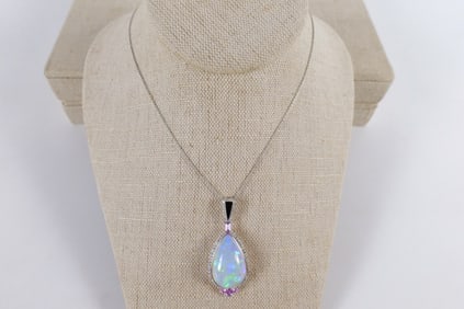 Platinum Oscar Friedman Opal, Pink Sapphire and Diamond Pendant