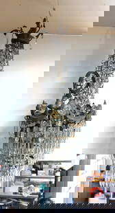 Mixed Metal Art Nouveau 5 Tier Hanging Chandelier: Mixed Metal Art Nouveau 5 Tier Hanging Chandelier. Has Art Nouveau Women Decorations. Some prisms missing. Circa 1920-1940. Measures 32" long x 15" diameter. All invoices must be paid within 24 hours