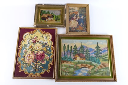 Group Lot of 4 Framed Needlepoint and Embroideries