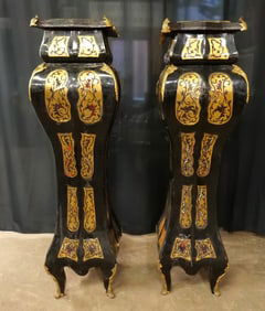 Pair of French Style Ebonized and Ormolu Marble Top Oversized Pedestals
