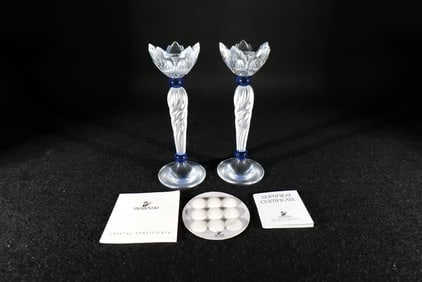 Pair of Swarovski Blue Flower Candlestick Holders